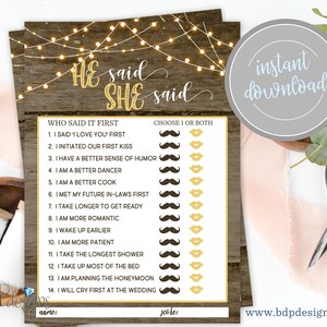 He Said She Said Shower Game, I Do BBQ Couples Wedding Shower Engagement Party Rustic String Lights Coed Shower Digital Instant Download