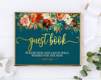 Guest Book Sign, Guestbook Sign, Guest Book Sign Wedding, Guestbook Sign Printable, Guest Book Sign Printable, Teal and Orange, Gold, TGO01