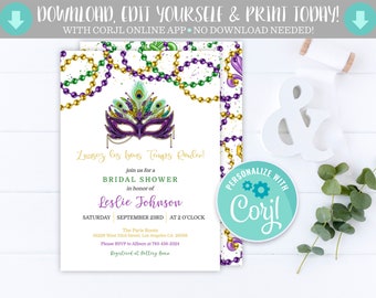 Editable Mardi Gras Bridal Shower Birthday Baby Invitation Beads Laissez Les Bon Temps Rouler Couples Shower Template Instant Download WH