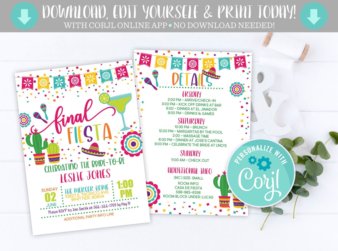Final Fiesta Bachelorette Party Invitation Weekend Itinerary Cactus ...
