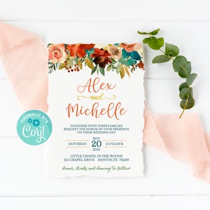 Teal and Orange Floral Wedding Invitation Autumn Fall Theme Editable Printable Instant Download Digital Invite Template TGOW1