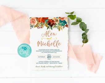 Faire-part de mariage floral orange sarcelle : thème automne automne (téléchargement numérique)