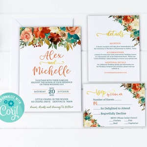 Floral Wedding Invitation Template Set, Floral Wedding Invitation Template Download, Wedding Invitation Set, Teal and Orange Wedding, TGO01