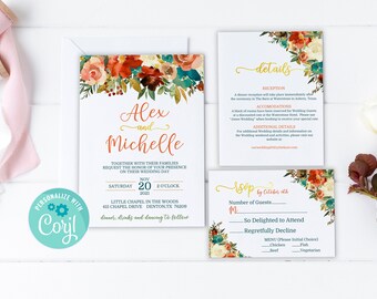 Ensemble de faire-part de mariage floral bleu sarcelle et orange (modifiable imprimable)