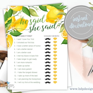 He Said She Said Game, Shower Game, She Found Her Main Squeeze, Lemon Bridal Shower, Lemon Bridal Shower Games, Lemon Bridal, Lemon, Game
