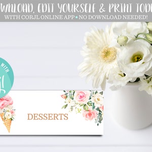 Editable She's Been Scooped Up Floral Ice Cream Name Place Template Printable Wedding Bridal Baby Shower Food Tent Foldable Name Cards Label
