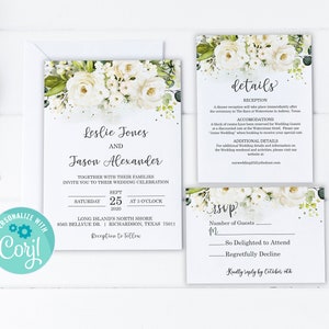 White Floral Wedding Invitation Suite: Editable Gold Roses (Digital Template)