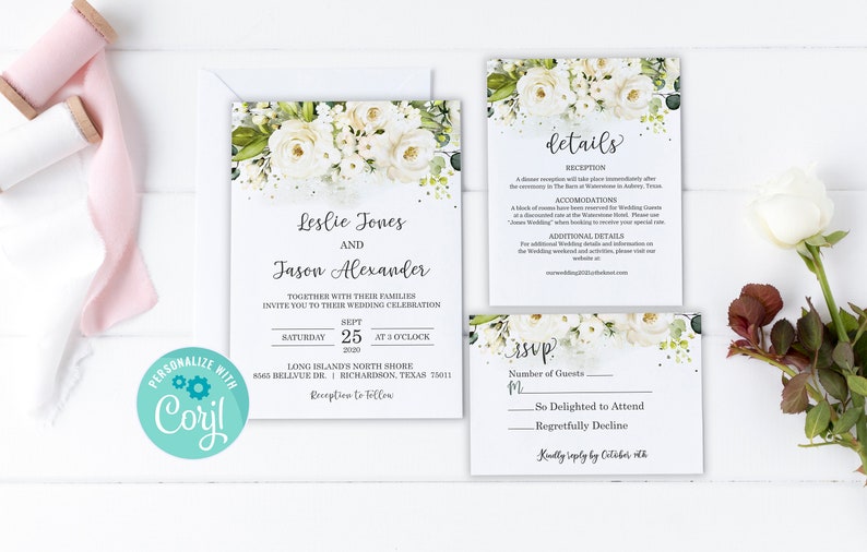 White Rose Wedding Invitation White Rose Wedding Invitation Template White Floral Wedding Invitation Set WR Wedding Invitation Set Rose