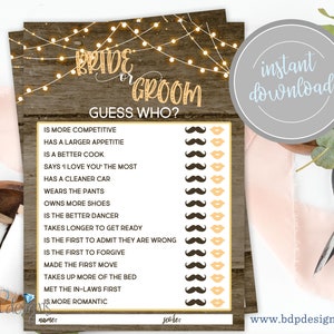 Bride or Groom Guess Who, I Do BBQ Couples Wedding Shower Engagement Party Rustic String Lights Coed Shower Digital Instant Download Game