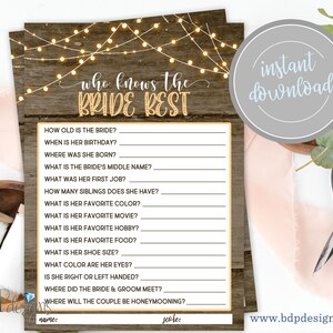 Who Knows The Bride Best, I Do BBQ Couples Wedding Shower Engagement Party Rustic String Lights Coed Shower Digital Instant Download Game