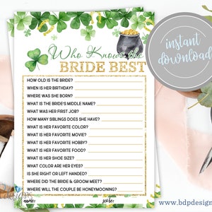 Who Knows the Bride Best Game, Bachelorette Game, St Patricks Day Bridal Shower, Lucky in Love Bridal Shower, Lucky in Love, St Patricks Day