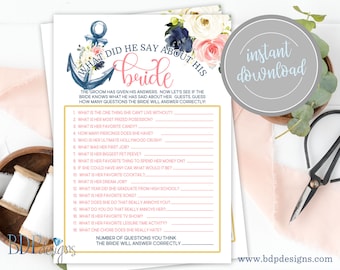 What Did He Say About His Bride, Nautical Bridal Shower Tying the Knot Anchored in Love Anchor Last Sail Bachelorette Party Game Cards Print