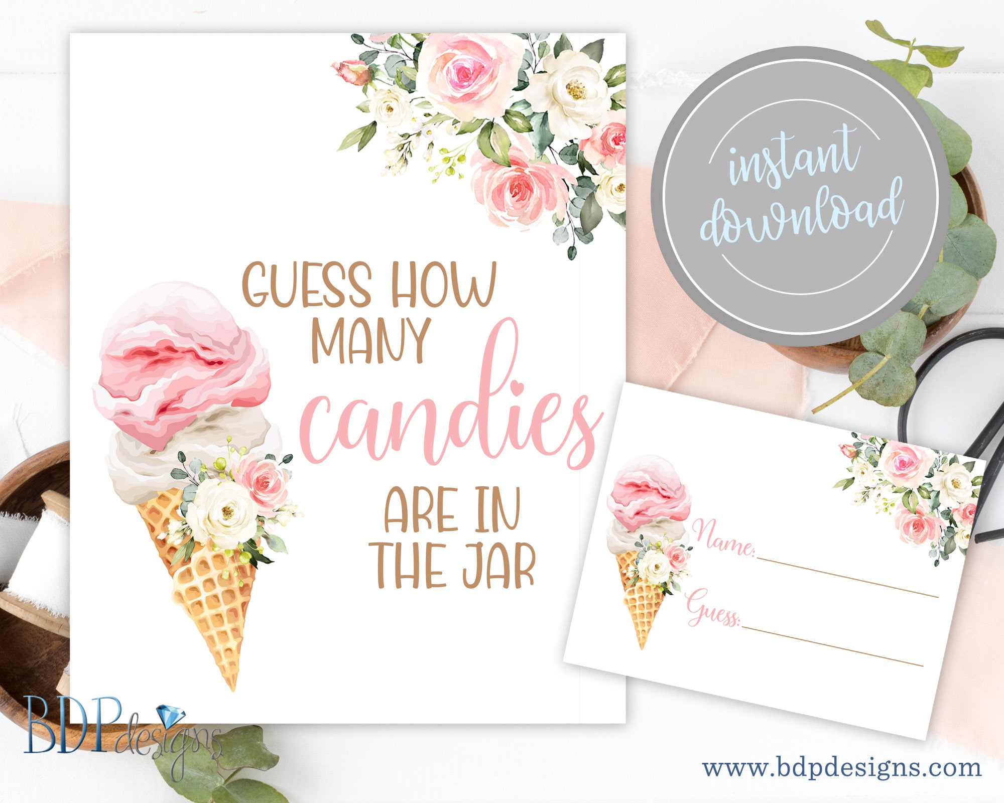 Ice Cream Bridal Shower Game: Guess How Many Candies Sign (Digital Download)