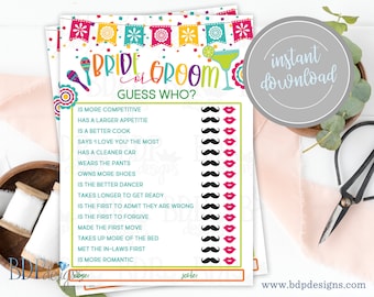 May include: A printable "Bride or Groom" game with a festive Mexican theme. The game features a list of questions about the couple, with a space to mark "Bride" or "Groom" for each question. The game is decorated with colorful Mexican-style flags and maracas.