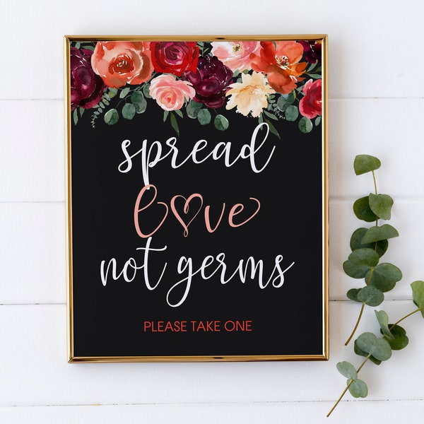 Spread Love Not Germs Sign for Wedding, Spread Love Not Germs Sign, Sanitization Sign for Wedding, Wedding Print, Red, Coral, Black, RCB01