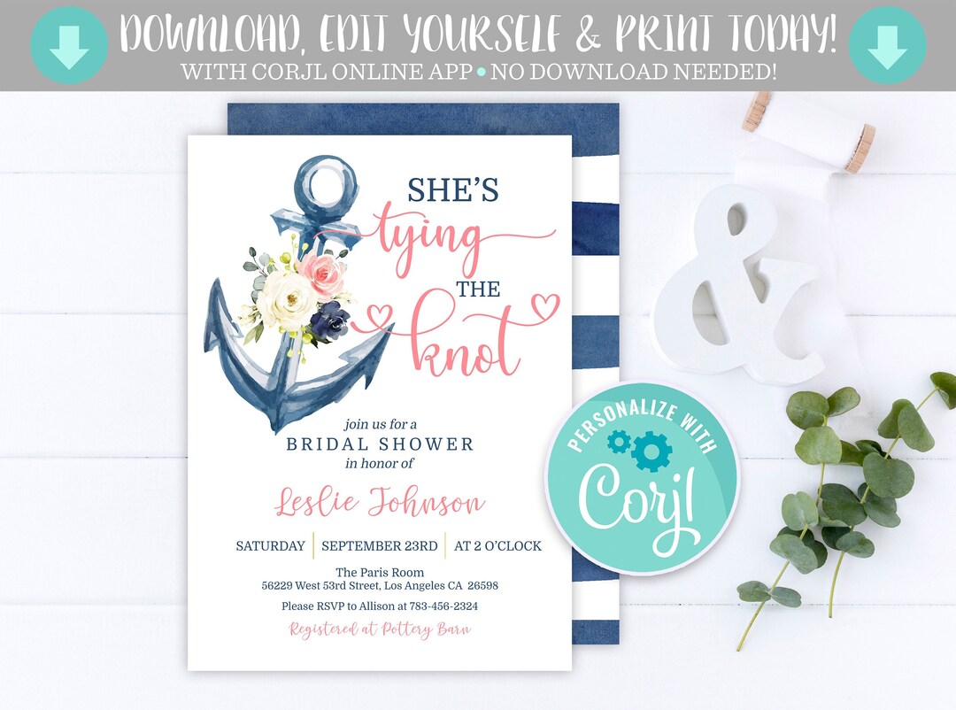 Nautical Bridal Shower Invitation, Nautical Bridal Shower Invites, Nautical Bachelorette, Anchor ...