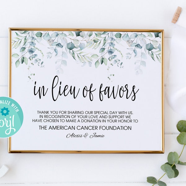 In Lieu of Favors Sign, In Lieu of Favors, Donation Sign Favor Wedding, Wedding Donation Sign, Eucalyptus, Greenery, Sign, Printable, EUC01