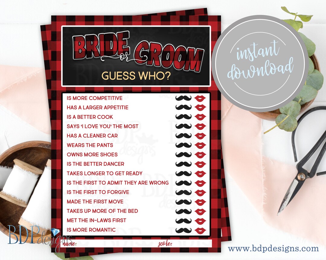 Bride or Groom Game Bridal Shower Games Shower Game Flannel Etsy