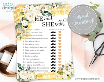 Meant to Bee Bridal Shower Game: He Said She Said (Digital Download)