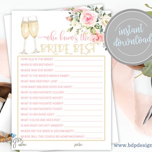 Who Knows the Bride Best Bridal Shower Game, Champagne Petals and Prosecco Brunch and Bubbly Bridal Shower Bachelorette Party Theme Download