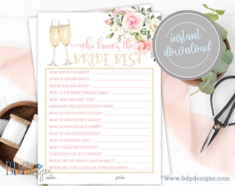 Who Knows Bride Well Bridal Shower Game, Petals and Prosecco Theme (Instant Download)