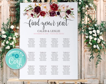 Plantilla de plano de asientos para boda con flores burdeos (editable)