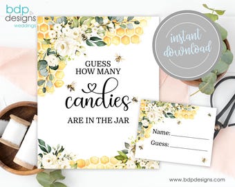Guess How Many Candies Game Sign: Bee Bridal Shower, Baby Shower (PDF Download