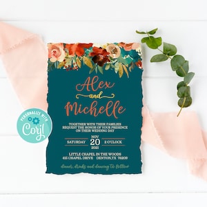 Teal and Orange Floral Wedding Invitation, Autumn Fall Theme Editable Printable Instant Download Digital Invite Template TGO01