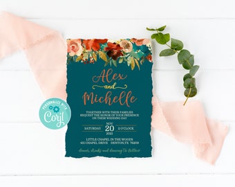 Faire-part de mariage floral bleu sarcelle et orange : modèle imprimable automne (téléchargement numérique