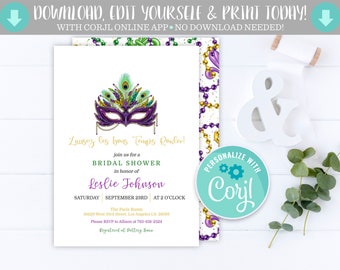 Editable Mardi Gras Bridal Shower Birthday Baby Shower Invitation Laissez Les Bon Temps Rouler Couples Shower Template Instant Download WH