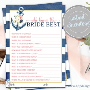 Who Knows the Bride Best, Nautical Bridal Shower Tying the Knot Anchored in Love Anchor Last Sail Bachelorette Party Game Cards Printable S
