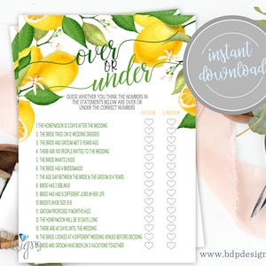 Over or Under Bridal Shower Game, Over or Under Game, Shower Game, She Found Her Main Squeeze, Lemon Bridal Shower, Lemon Bridal Shower Game