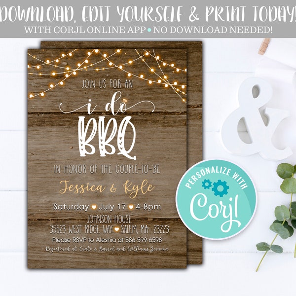 Editable I Do BBQ Invitation Couples Shower Engagement Party Invite Rustic String Lights Coed Shower Digital Instant Download