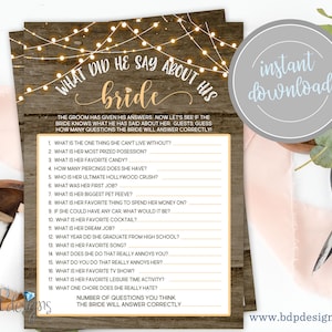 What Did He Say About His Bride, I Do BBQ Couples Wedding Shower Engagement Party Rustic String Lights Coed Shower Instant Download Game