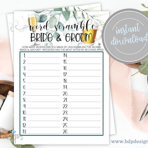 Bride & Groom Word Scramble Shower Game Bubbles and Brews Champagne Beer Couples Engagement Printable Bridal Shower Games Instant Download