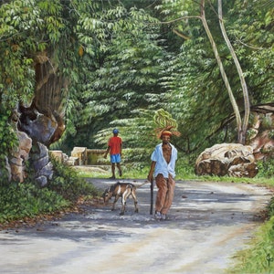 Mi Goat an Banana, 16&quot; x 12&quot; print on paper by Jack Allen.  Jamaican Art, Island art, Caribbean art,tropical art