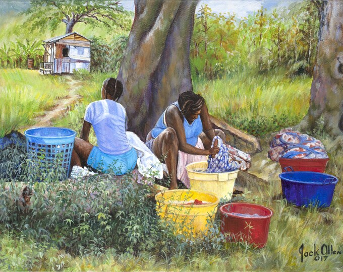 Wash Day, 16 X 12 Print on Paper by Jack Allen. Jamaican Art, Caribbean
