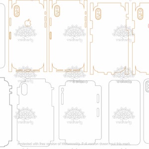 May include: A collection of phone skin templates in various designs. The templates feature outlines of phone backs with cutouts for the camera and logo. Some designs are outlined in gold, while others are plain. The Apple logo is visible on some.