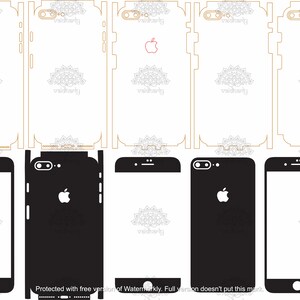 May include: A black iPhone 7 Plus phone case with a white Apple logo. The case is shown in a template for a phone skin, with the front, back, and sides of the phone visible. The template is marked with the word "vaidhardy" in a light grey font.