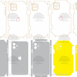 May include: A selection of phone skins in various colours, including grey, yellow, and blue. The designs feature cutouts for cameras and the Apple logo. Some skins are outlined in a light brown colour.