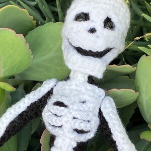 May include: A crocheted skeleton doll with a white body and black arms and legs. The skeleton has a smiling face with black eyes and a black mouth.