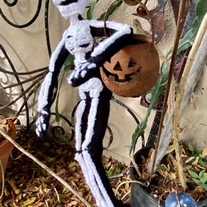 May include: A crocheted skeleton doll holding a carved pumpkin. The doll is wearing a black and white skeleton costume. The pumpkin is brown and has a carved jack-o'-lantern face.