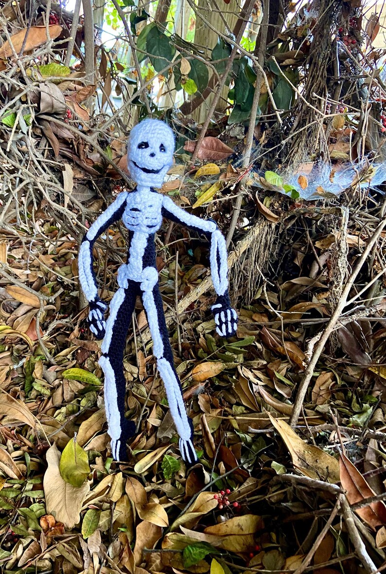 May include: A crocheted skeleton doll with a white body and black limbs, standing in a bed of brown leaves and twigs.