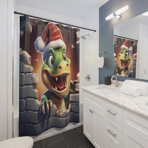3D Dinosaur Shower Curtains-Christmas Dino Bathroom Curtain-Santa Dino Bathroom Decor-Santa Dinosaur Decor-Kid Bathroom Holidays Decor