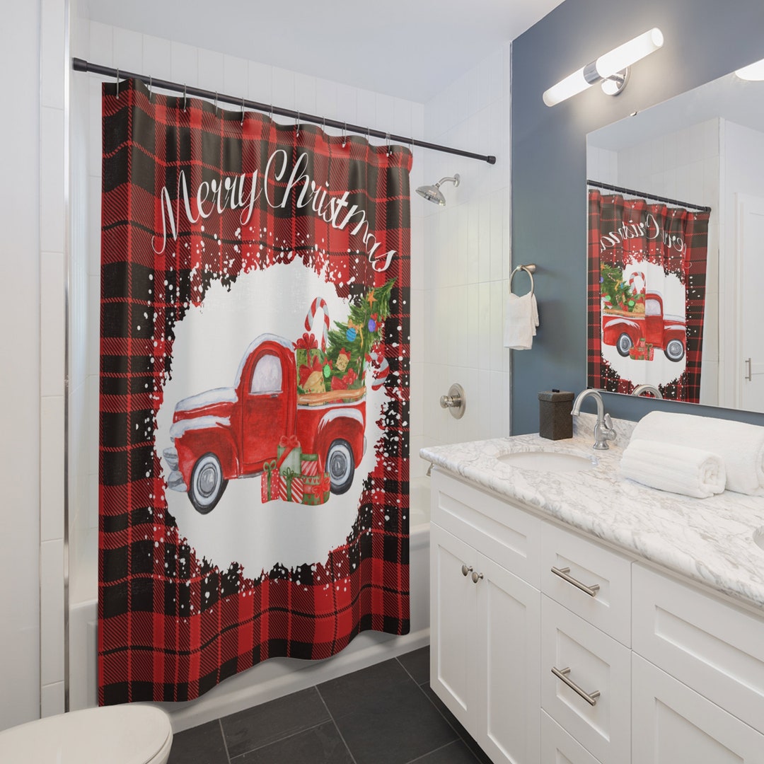 Christmas Red Truck Shower Curtainsmerry Christmas Bathroom Decor