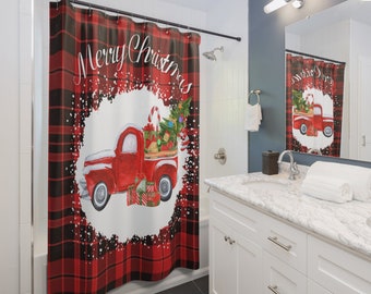 Christmas Red Truck Shower Curtains-Merry Christmas Bathroom Decor-Festive Red Truck Curtain-Buffalo Red Plaid Curtain-Holidays Home Decor-