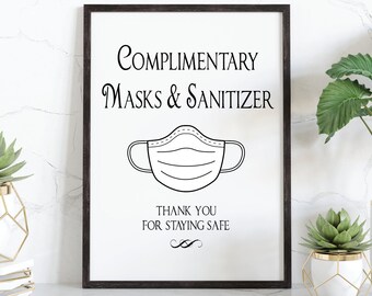 Complimentary Sanitizer and Masks Sign Instant PDF Download Restaurant Business Salon Social Distance Poster Door Desk Cafe Elegant Customer