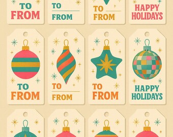 Puede incluir: Una colección de doce etiquetas de regalo con diseños retro de adornos navideños. Cada etiqueta presenta una forma y una combinación de colores de adorno diferentes, con el texto "TO FROM" o "HAPPY HOLIDAYS".