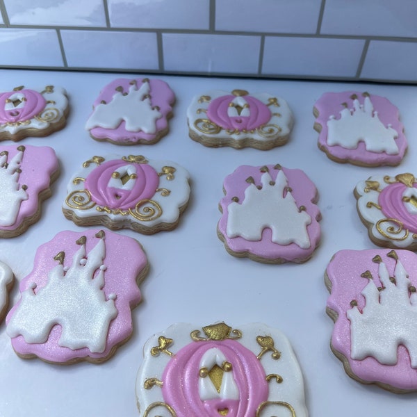 Custom princess castle and princess carriage sugar cookies