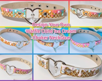 Kawaii Waffle Cone Ice Cream Choker Necklace, Faux Leather Heart Choker Collar, Design Your Own Custom Collar